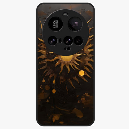 Golden Sun Majesty Glass Case showing flat back view with radiant golden sun artwork and glossy glass finish.