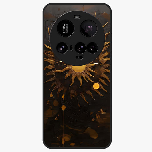 Golden Sun Majesty Glass Case showing flat back view with radiant golden sun artwork and glossy glass finish.