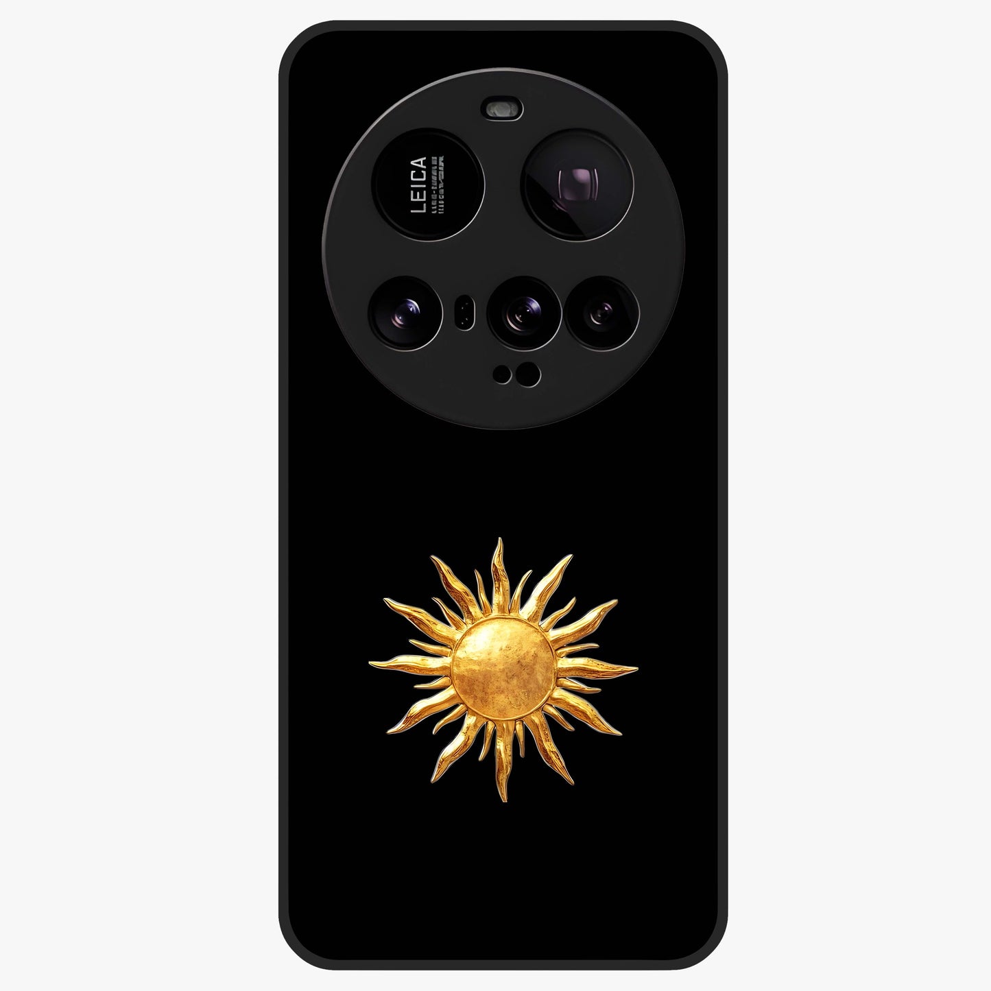 Golden Sun Minimalism Glass Case showing flat back view with minimal golden sun artwork and glossy glass finish.