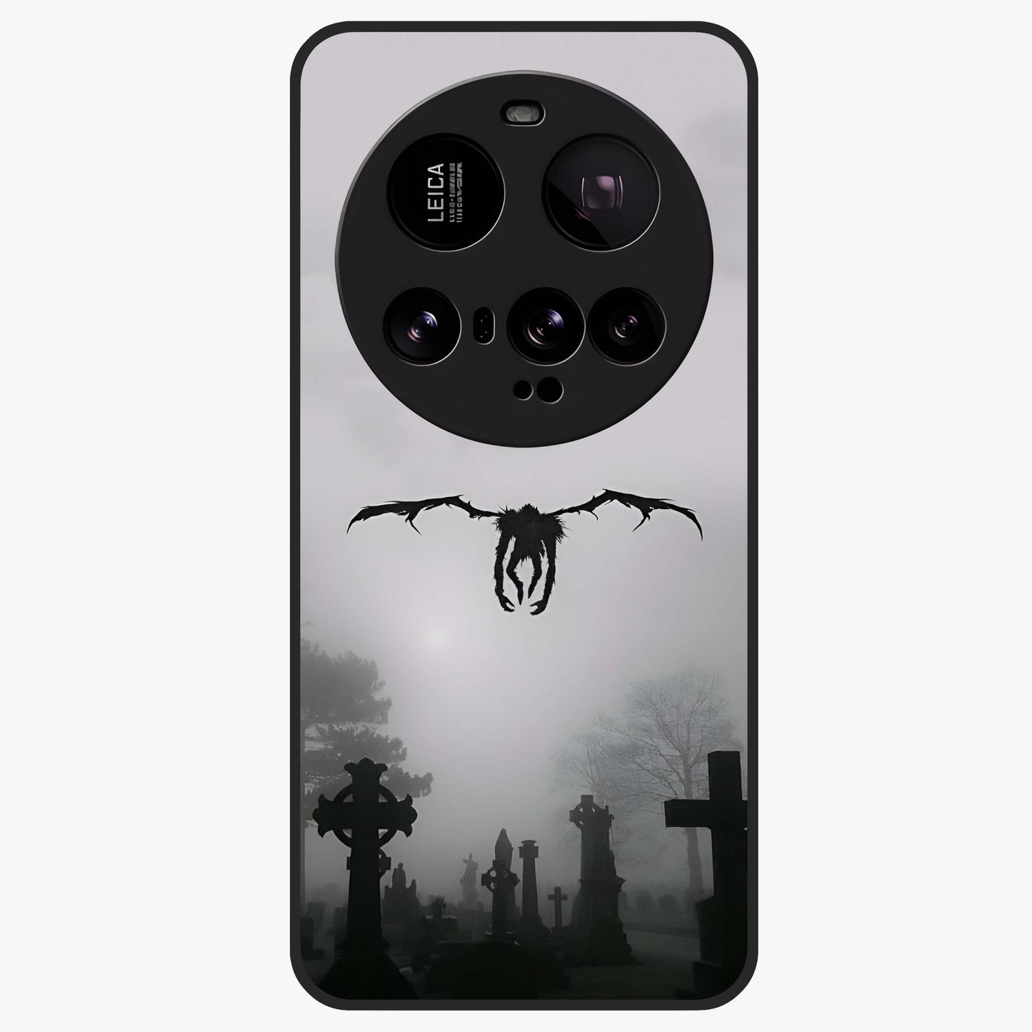 Graveyard Shadow Descent Glass Case showing flat back view with dark graveyard themed artwork and glossy glass finish.