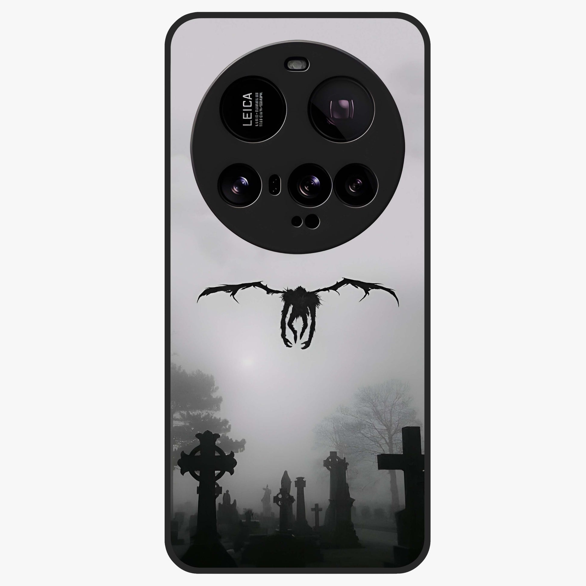 Graveyard Shadow Descent Glass Case showing flat back view with dark graveyard themed artwork and glossy glass finish.