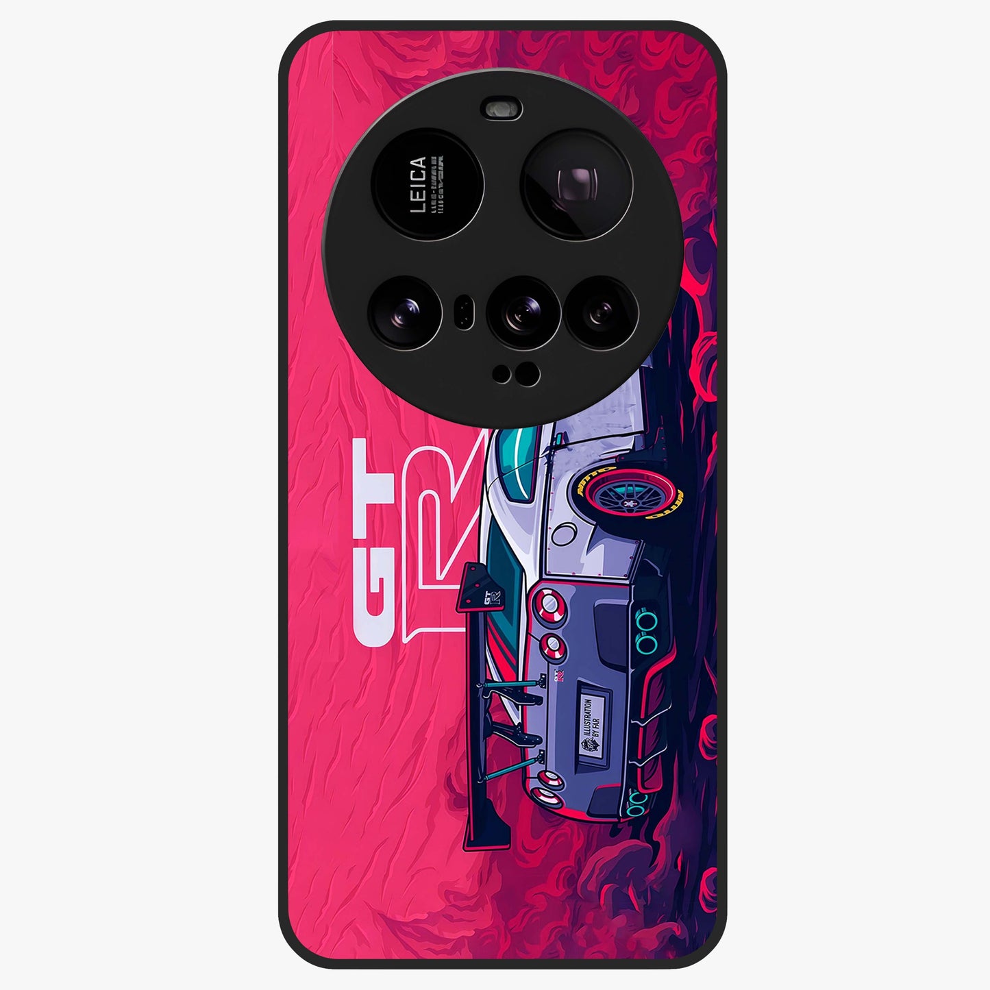 GT-R Car Pattern Glass Case showing flat back view with sporty car inspired pattern artwork and glossy glass finish.