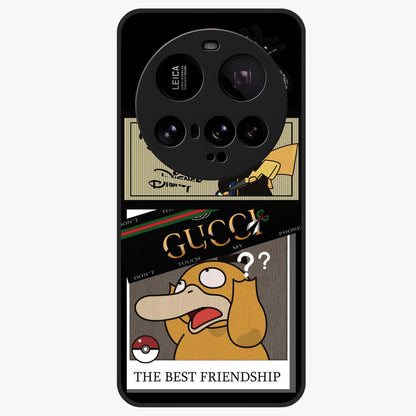 Gucci Play Mashup Glass Case showing flat back view with luxury inspired graphic artwork and glossy glass finish.
