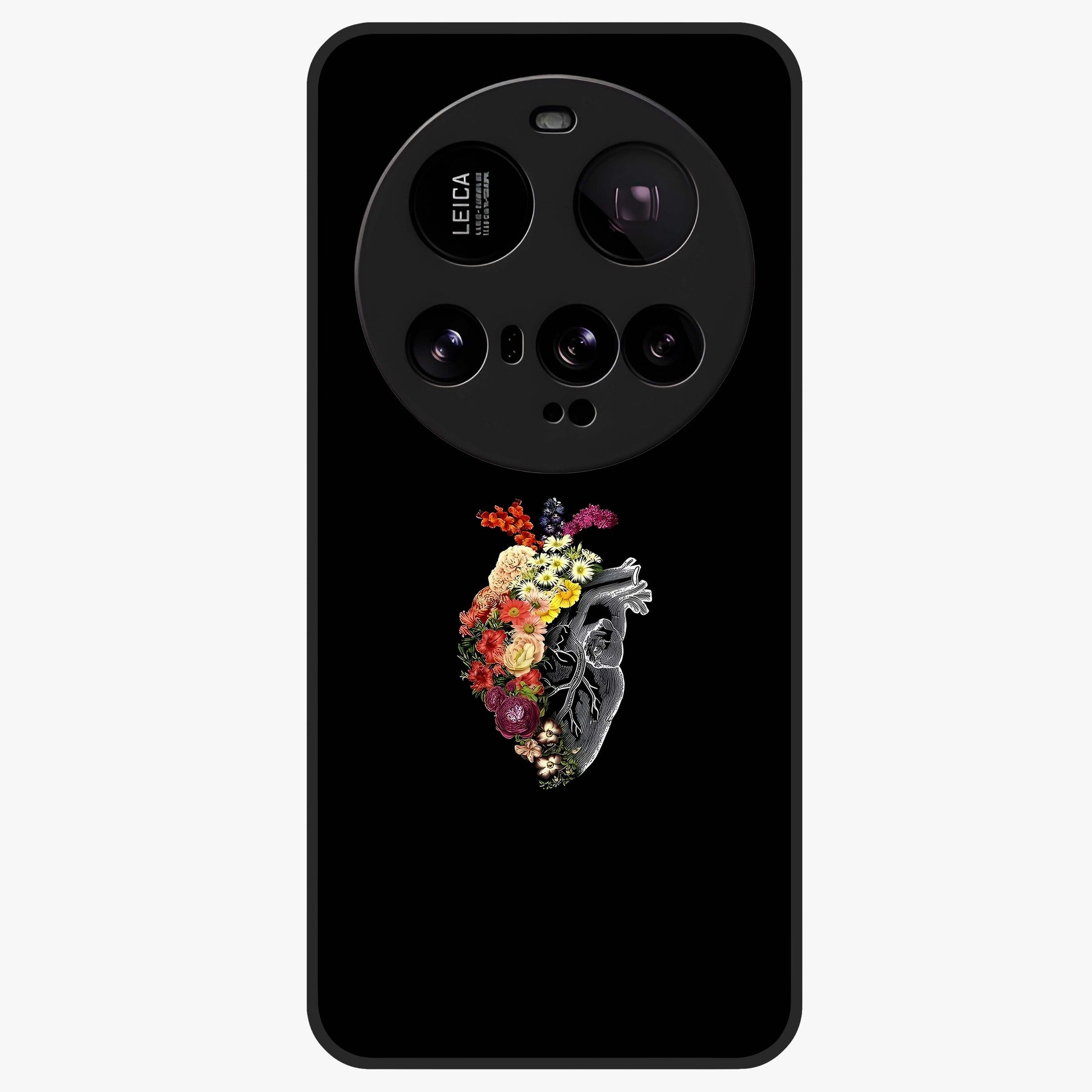Heart With Flowers Glass Case showing flat back view with heart shaped floral artwork and glossy glass finish.