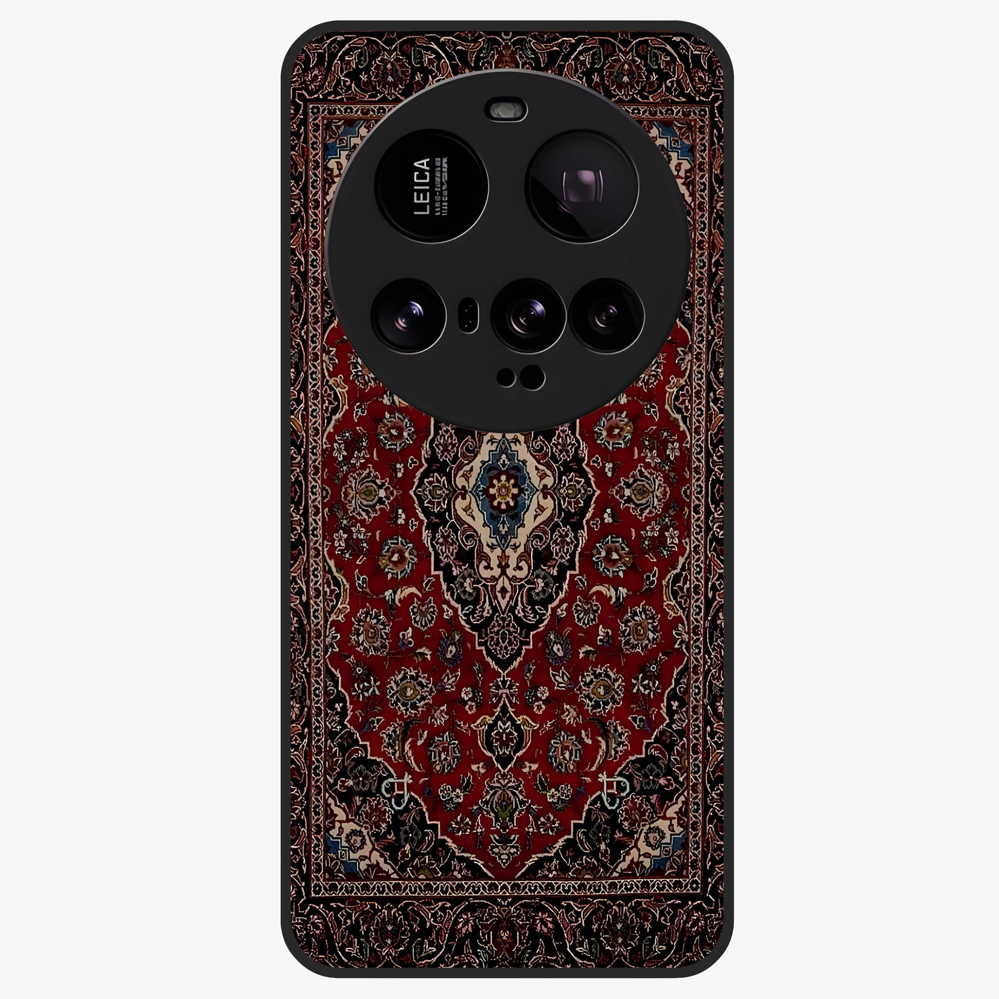 Heritage Carpet Royale Glass Case showing flat back view with ornate Persian carpet inspired pattern and glossy glass finish.