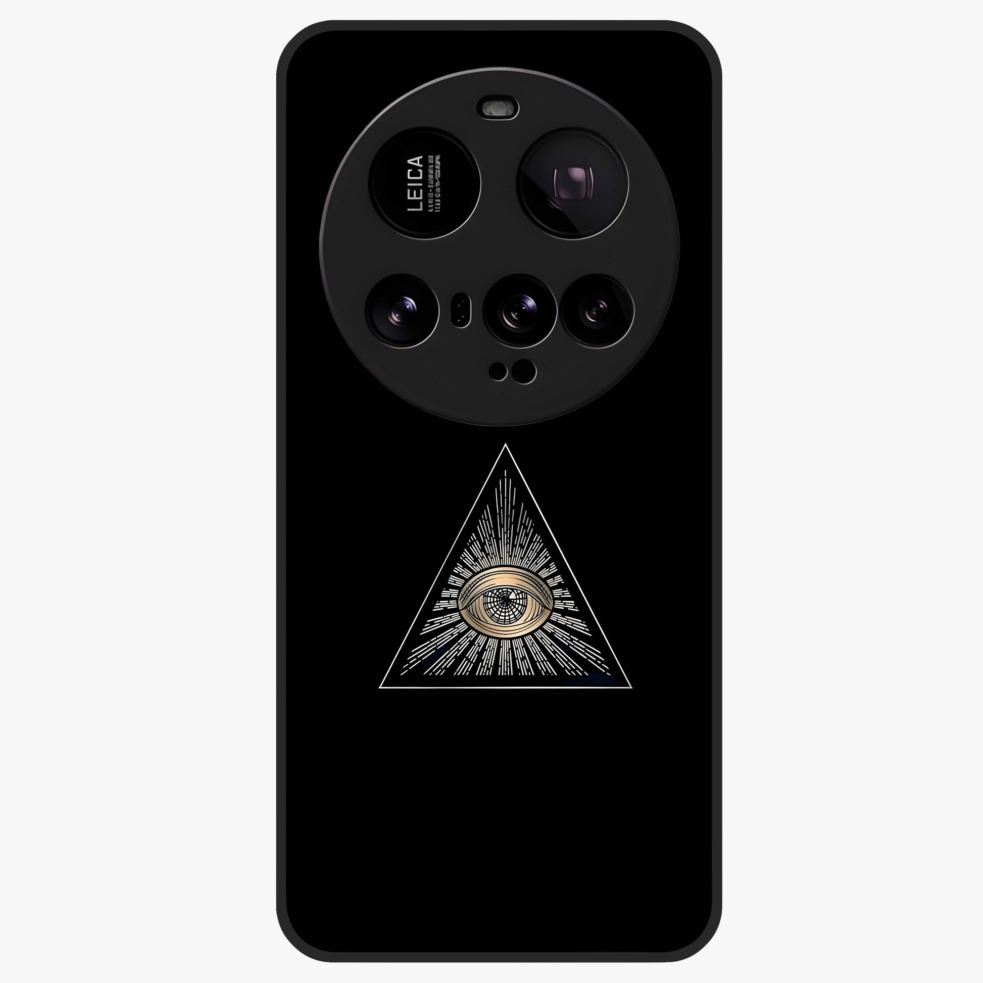 Illuminati Evil Glass Case showing flat back view with mysterious illuminati symbol artwork and glossy glass finish.