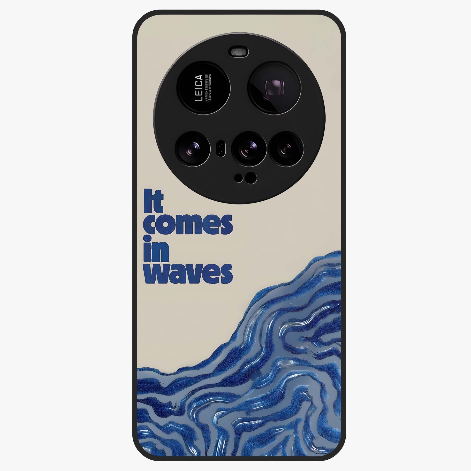 It Comes In Waves Quote Glass Case showing flat back view with inspirational wave themed quote artwork and glossy glass finish.
