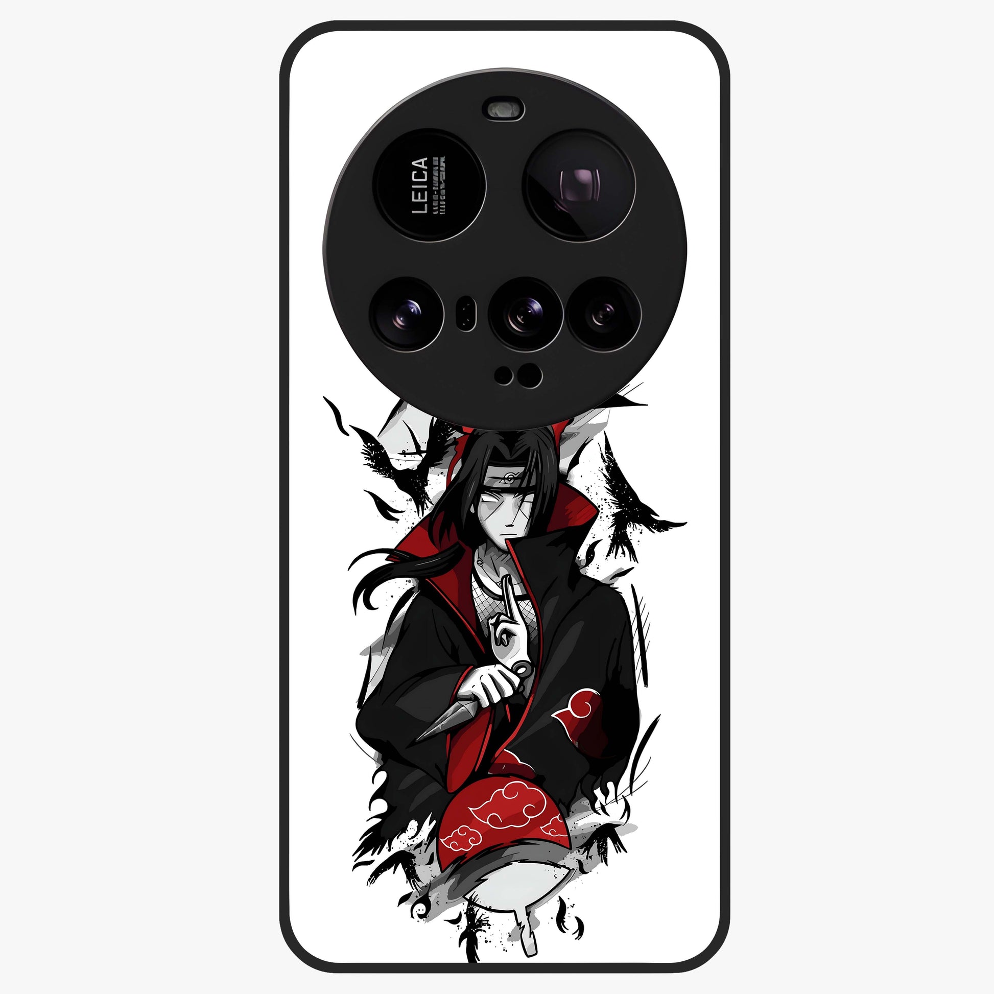 Itachi Sharingan Glass Case showing flat back view with powerful anime eye artwork and glossy glass finish.