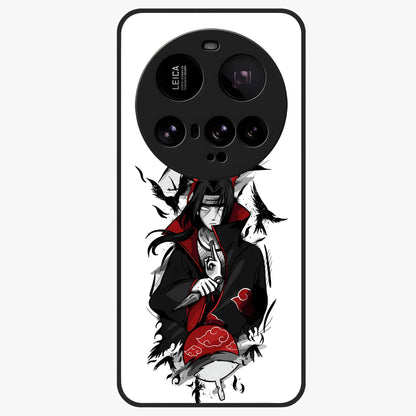 Itachi Sharingan Glass Case showing flat back view with powerful anime eye artwork and glossy glass finish.