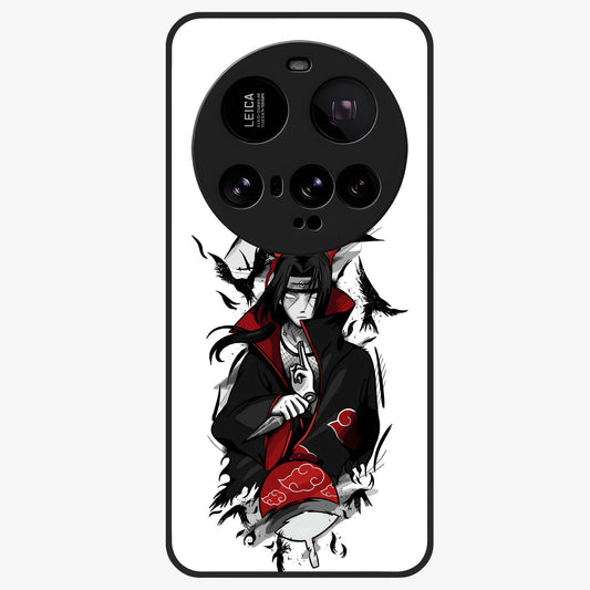 Itachi Sharingan Glass Case showing flat back view with powerful anime eye artwork and glossy glass finish.