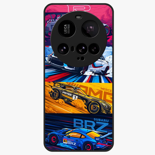 JDM Sports Car Glass Case showing flat back view with high performance sports car artwork and glossy glass finish.