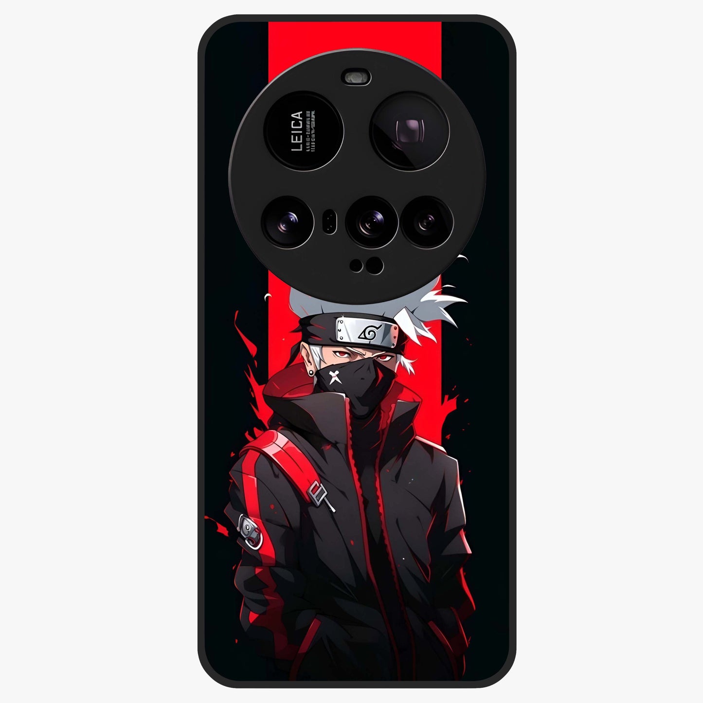 Kakashi Scarlet Shadow Glass Case showing flat back view with powerful anime ninja artwork and glossy glass finish.