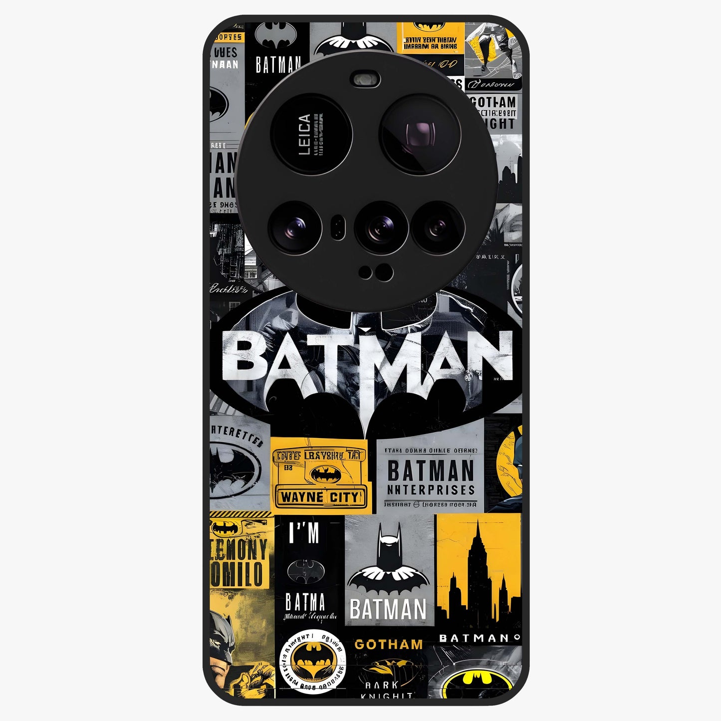 Knight Gotham Rise Glass Case showing flat back view with dark hero inspired artwork and glossy glass finish.