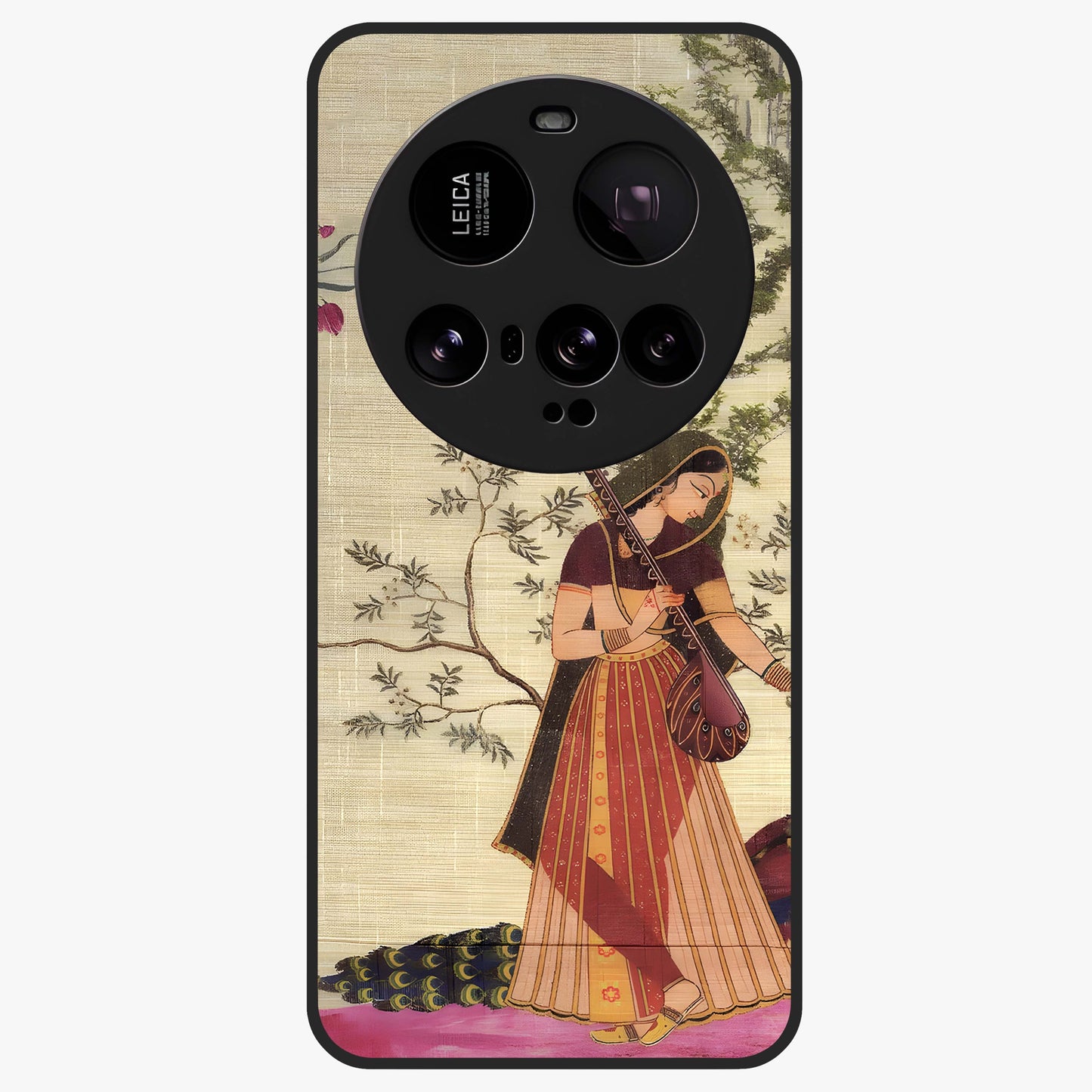 Lady With Veena Art Glass Case showing flat back view with elegant woman playing veena artwork and glossy glass finish.
