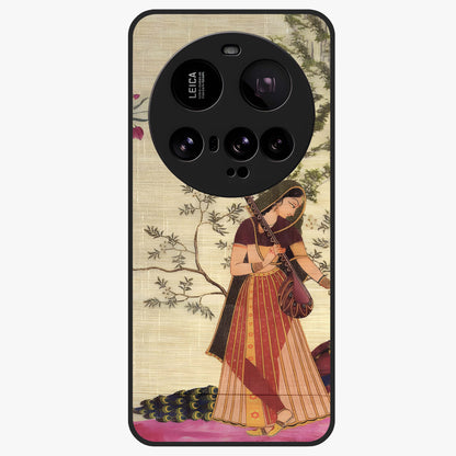 Lady With Veena Art Glass Case showing flat back view with elegant woman playing veena artwork and glossy glass finish.