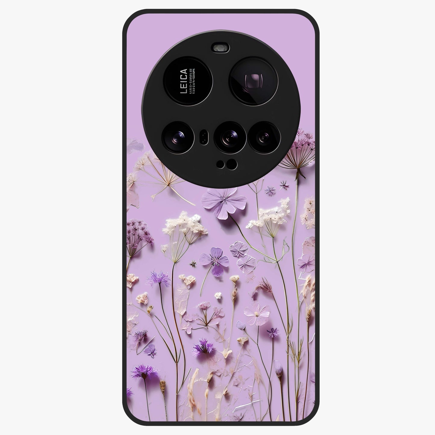 Lavender Blossom Dream Glass Case showing flat back view with soft lavender floral artwork and glossy glass finish.