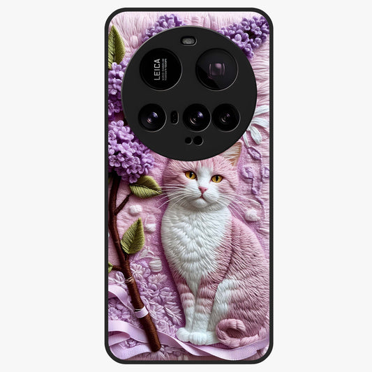Lavender Cat Whimsy Glass Case showing flat back view with cute lavender cat artwork and glossy glass finish.