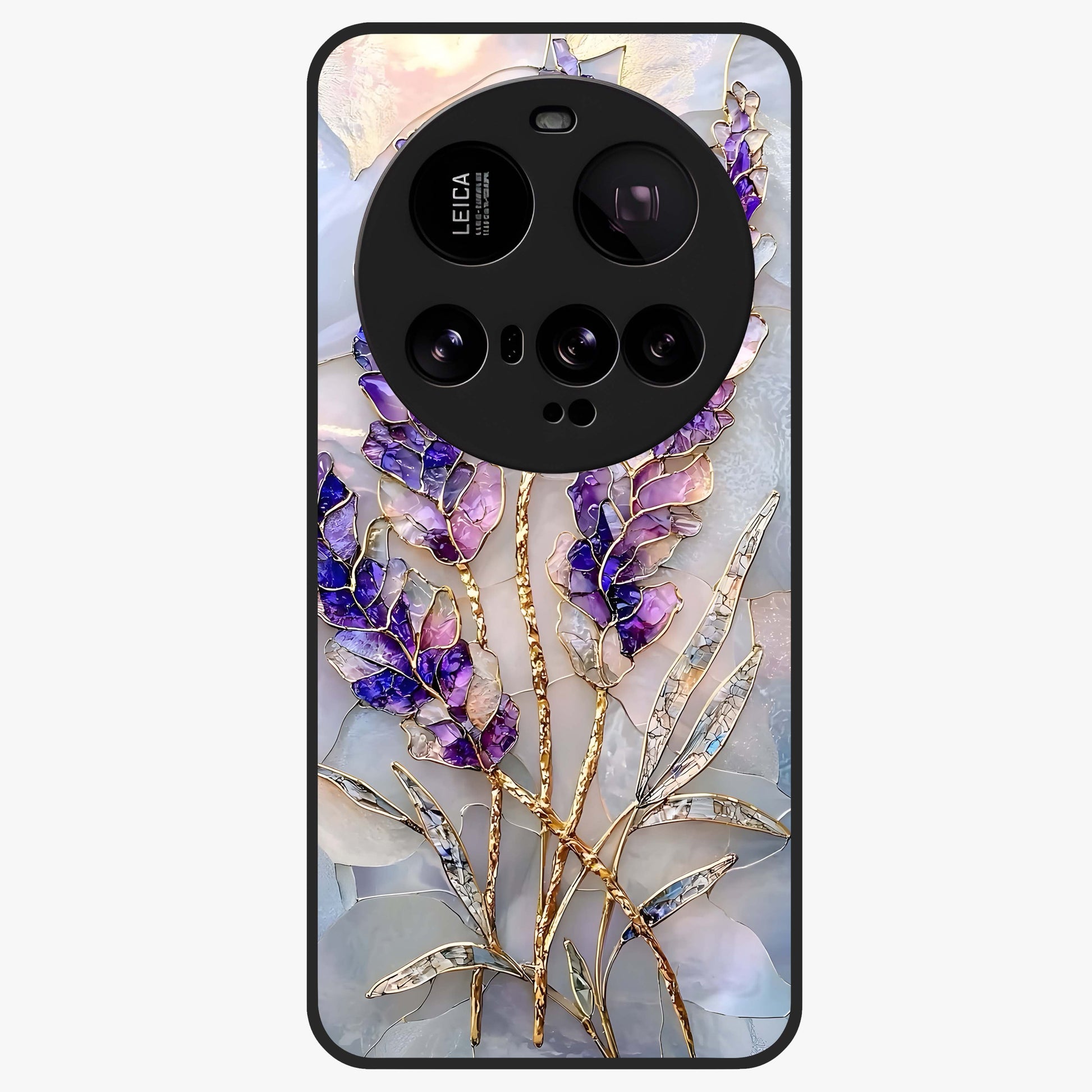 Lavender Dream Glow Glass Case showing flat back view with glowing lavender aesthetic artwork and glossy glass finish.