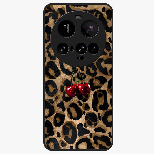 Leopard Wild Cherry Glass Case showing flat back view with leopard pattern and cherry artwork and glossy glass finish.