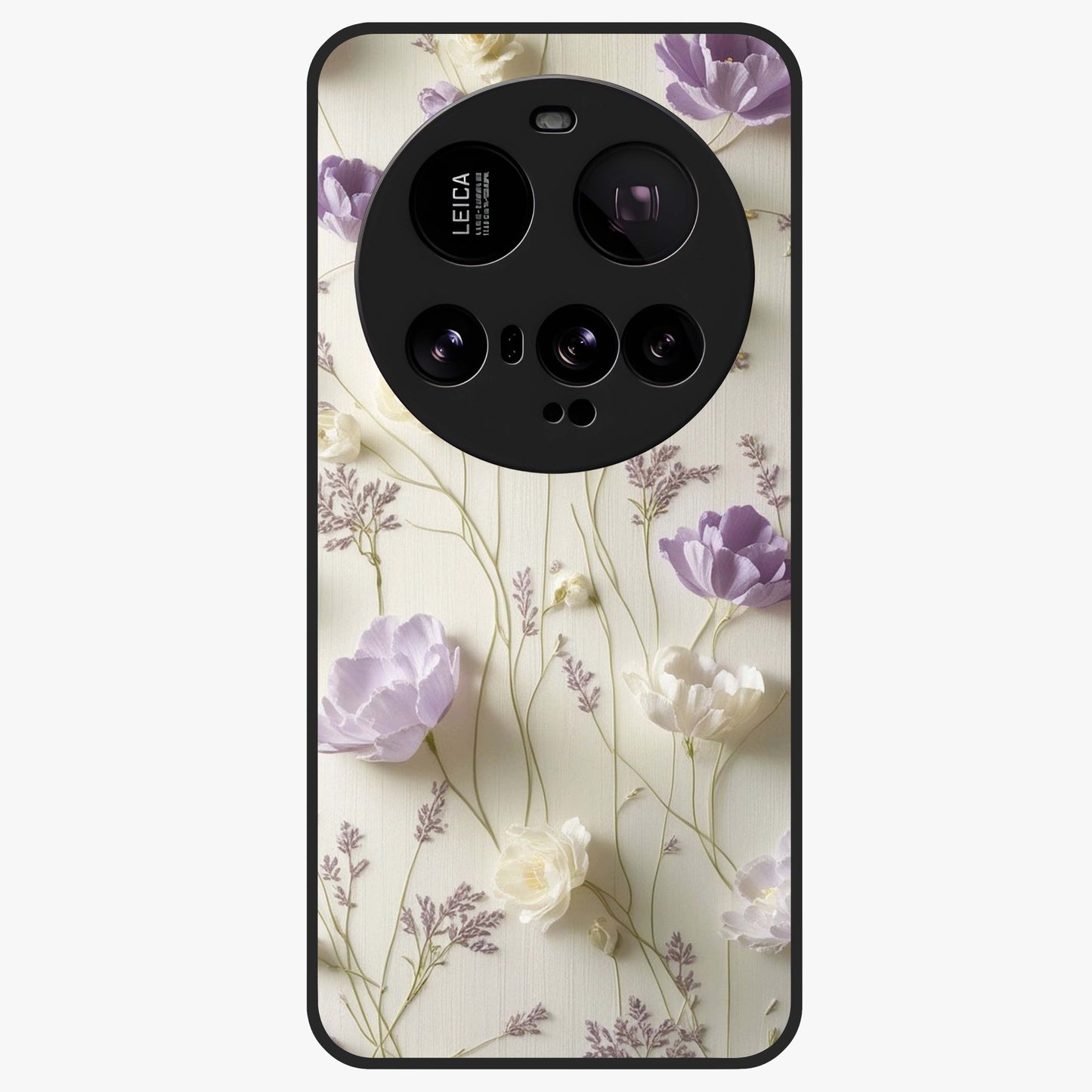 Lilac Breeze Harmony Glass Case showing flat back view with soft lilac themed artwork and glossy glass finish.