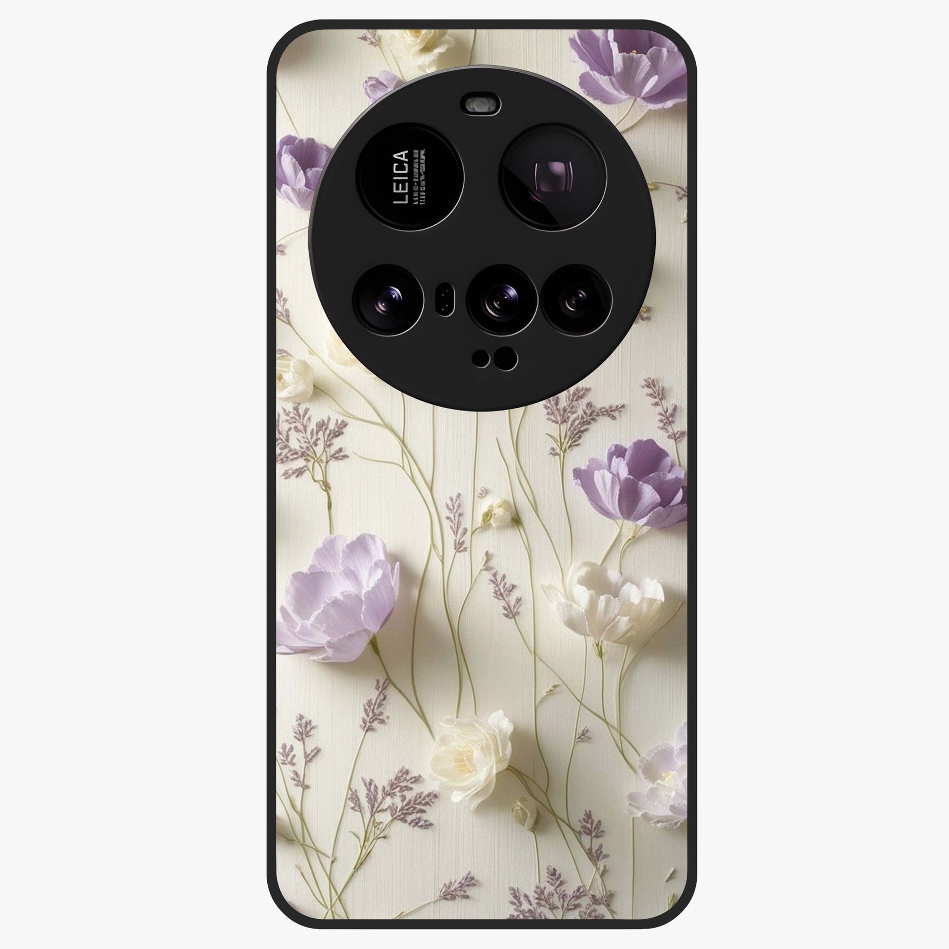 Lilac Breeze Harmony Glass Case showing flat back view with soft lilac themed artwork and glossy glass finish.