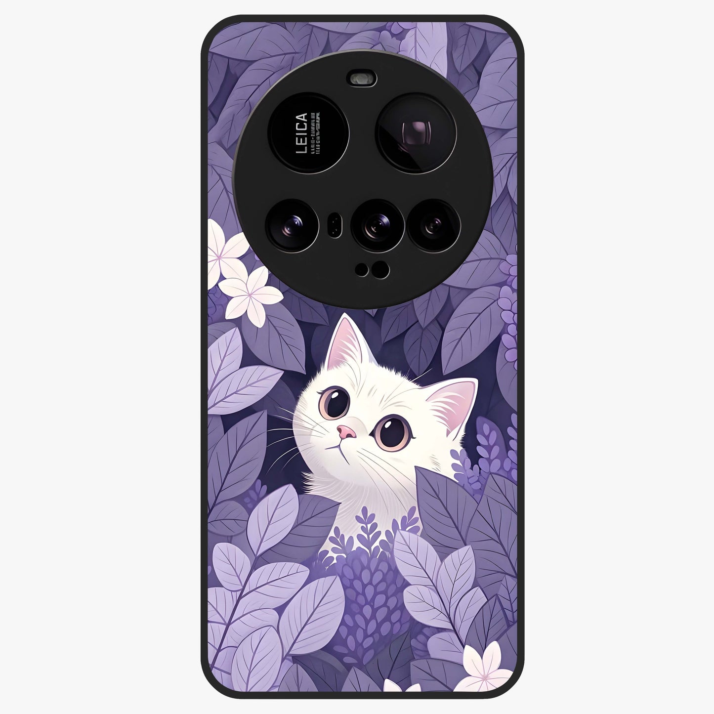 Lilac Hide Peek Cat Glass Case showing flat back view with cute peeking cat artwork and glossy glass finish.