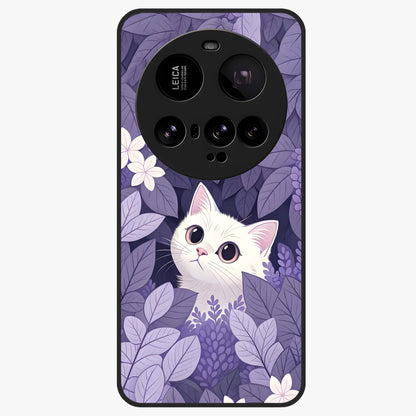 Lilac Hide Peek Cat Glass Case showing flat back view with cute peeking cat artwork and glossy glass finish.