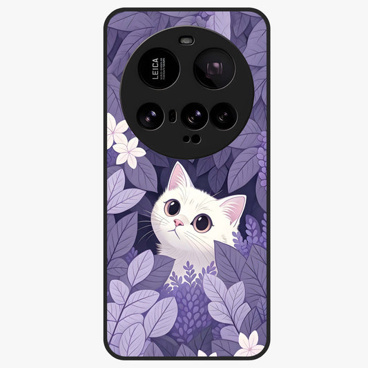 Lilac Hide Peek Cat Glass Case showing flat back view with cute peeking cat artwork and glossy glass finish.