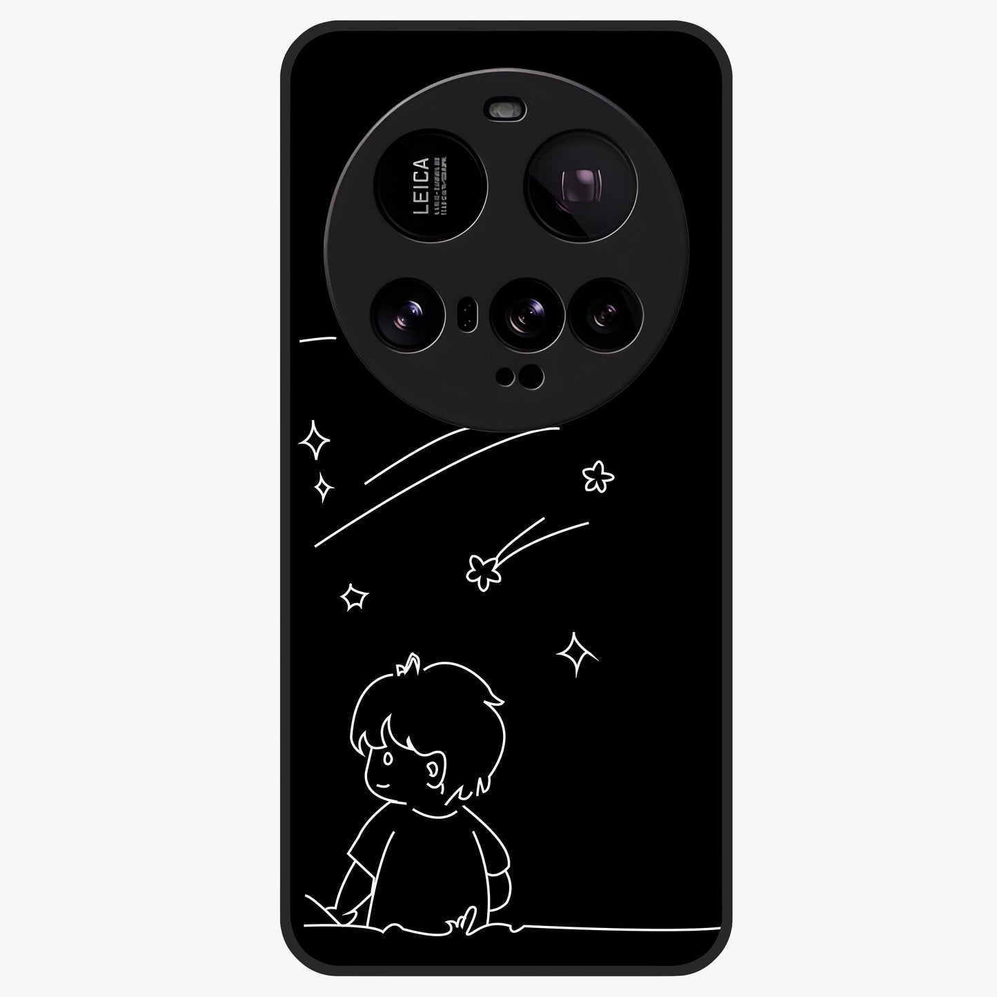 Line Art Boy With Shooting Stars Glass Case showing flat back view with minimal line art boy and shooting stars illustration and glossy glass finish.