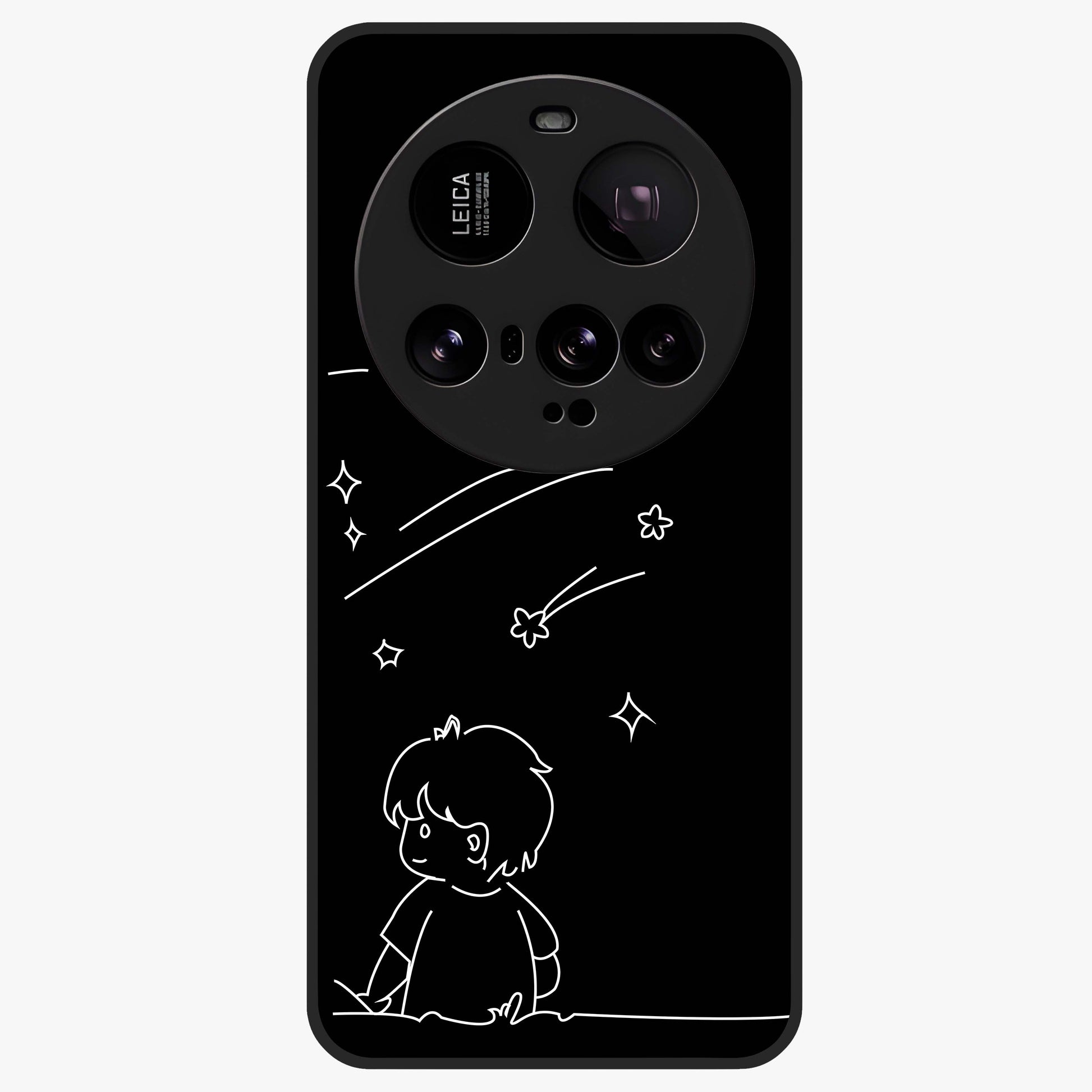 Line Art Boy With Shooting Stars Glass Case showing flat back view with minimal line art boy and shooting stars illustration and glossy glass finish.