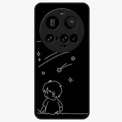 Line Art Boy With Shooting Stars Glass Case showing flat back view with minimal line art boy and shooting stars illustration and glossy glass finish.