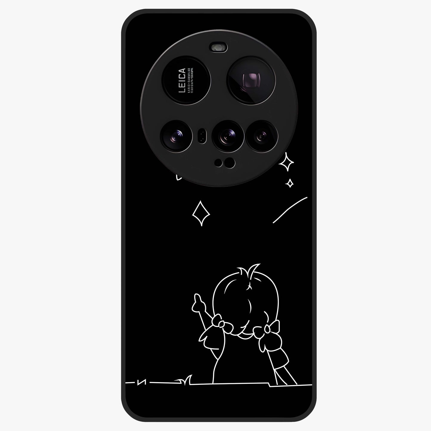 Line Art Girl With Shooting Stars Glass Case showing flat back view with minimal line art girl and shooting stars illustration and glossy glass finish.