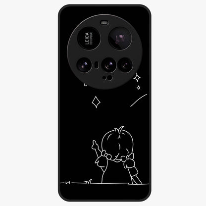 Line Art Girl With Shooting Stars Glass Case showing flat back view with minimal line art girl and shooting stars illustration and glossy glass finish.