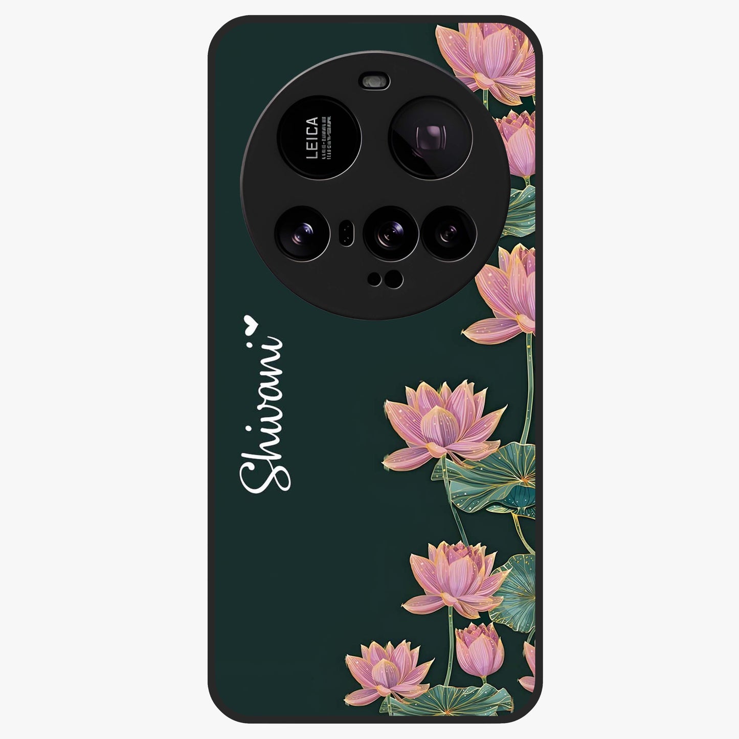 Lotus Bloom Serenity Custom Name Glass Case showing flat back view with elegant lotus flower artwork and personalized name design.