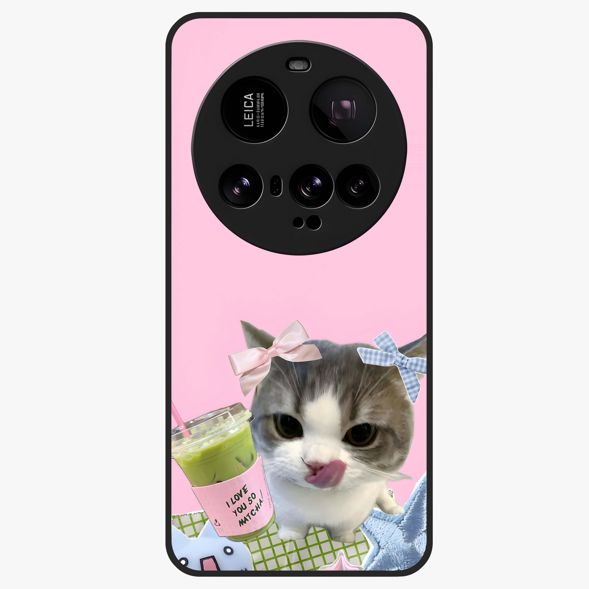 Love Matcha Cat Glass Case showing flat back view with cute cat and matcha themed artwork and glossy glass finish.