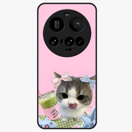 Love Matcha Cat Glass Case showing flat back view with cute cat and matcha themed artwork and glossy glass finish.