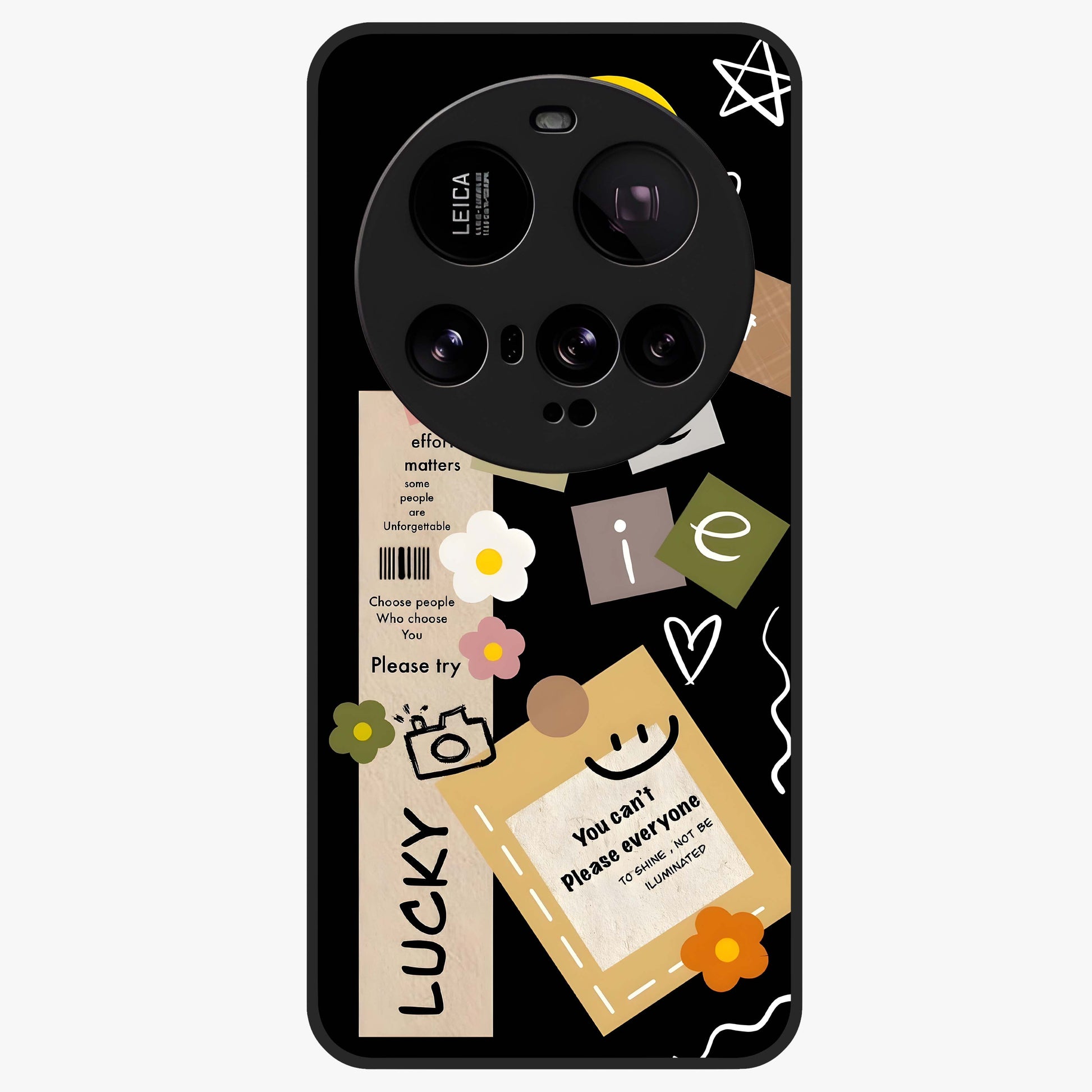 Lucky Aesthetic Collage Glass Case showing flat back view with trendy aesthetic collage artwork and glossy glass finish.