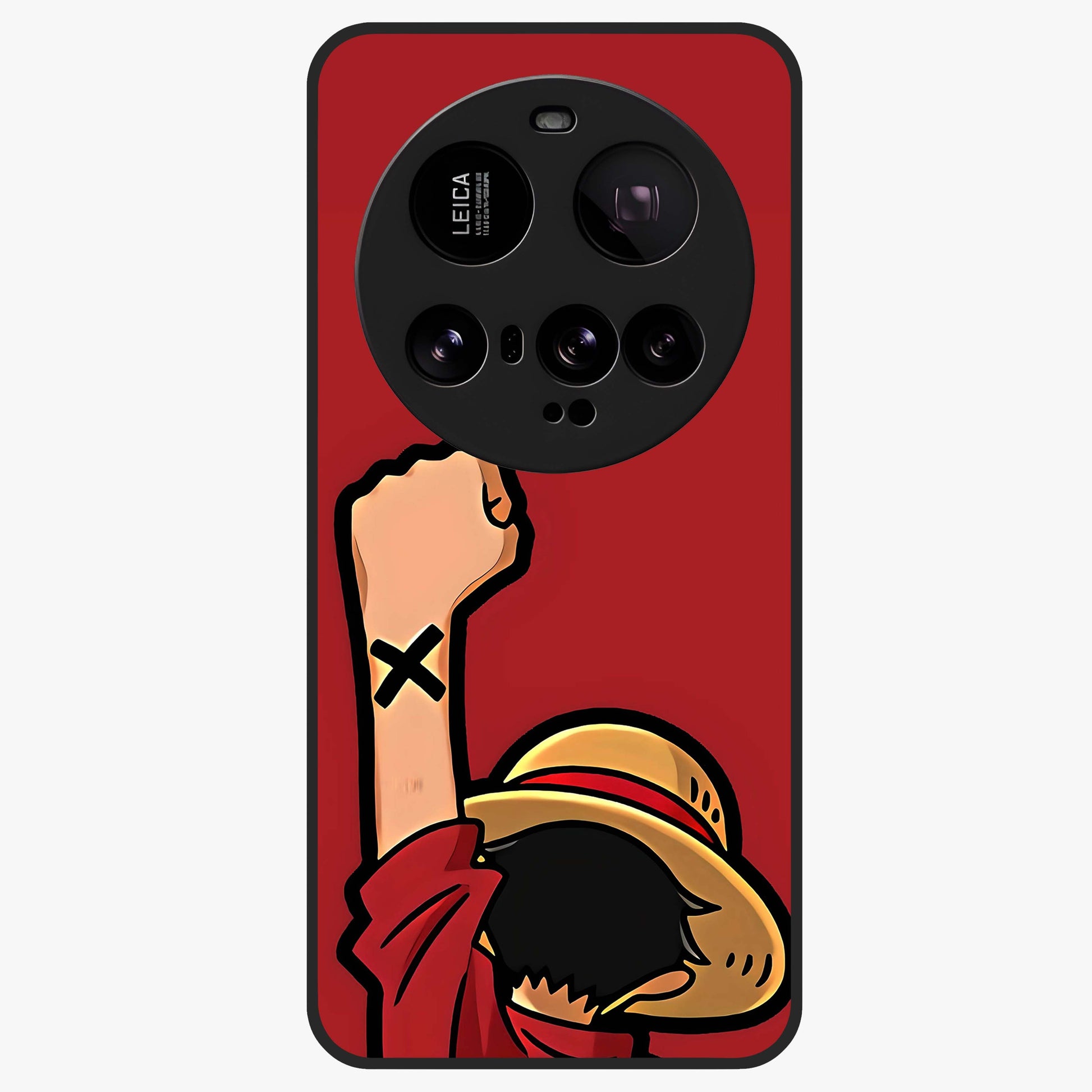 Luffy X Spirit Glass Case showing flat back view with bold anime character artwork and glossy glass finish.