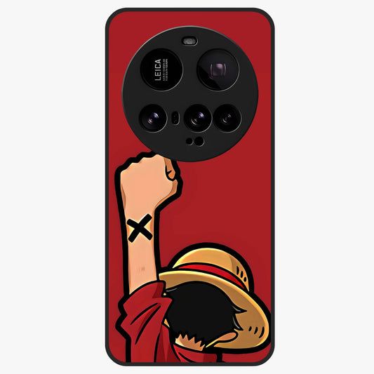 Luffy X Spirit Glass Case showing flat back view with bold anime character artwork and glossy glass finish.