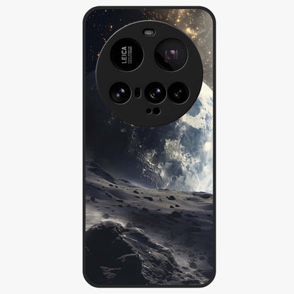 Lunar Horizon Glow Glass Case showing flat back view with glowing moon horizon artwork and glossy glass finish.