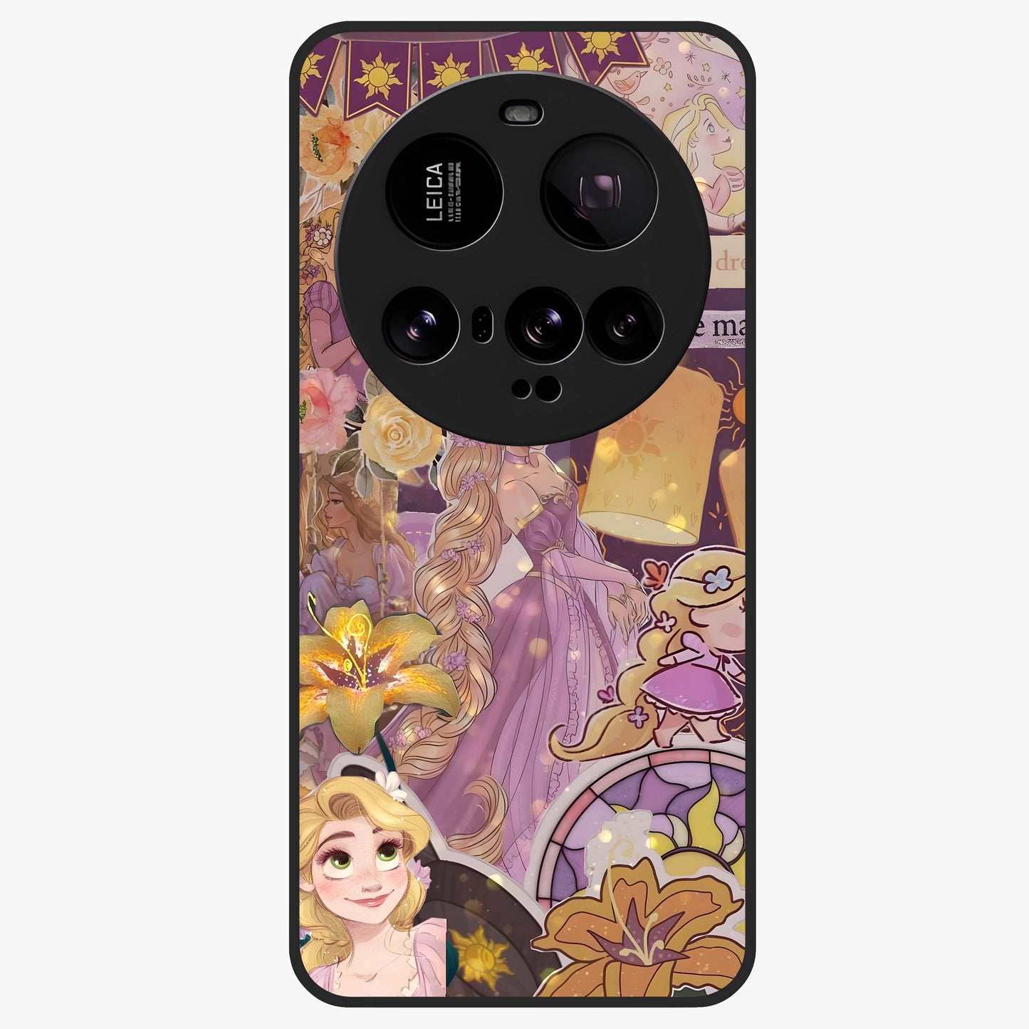 Magical Tangled Dream Glass Case showing flat back view with dreamy tangled artwork and glossy glass finish.