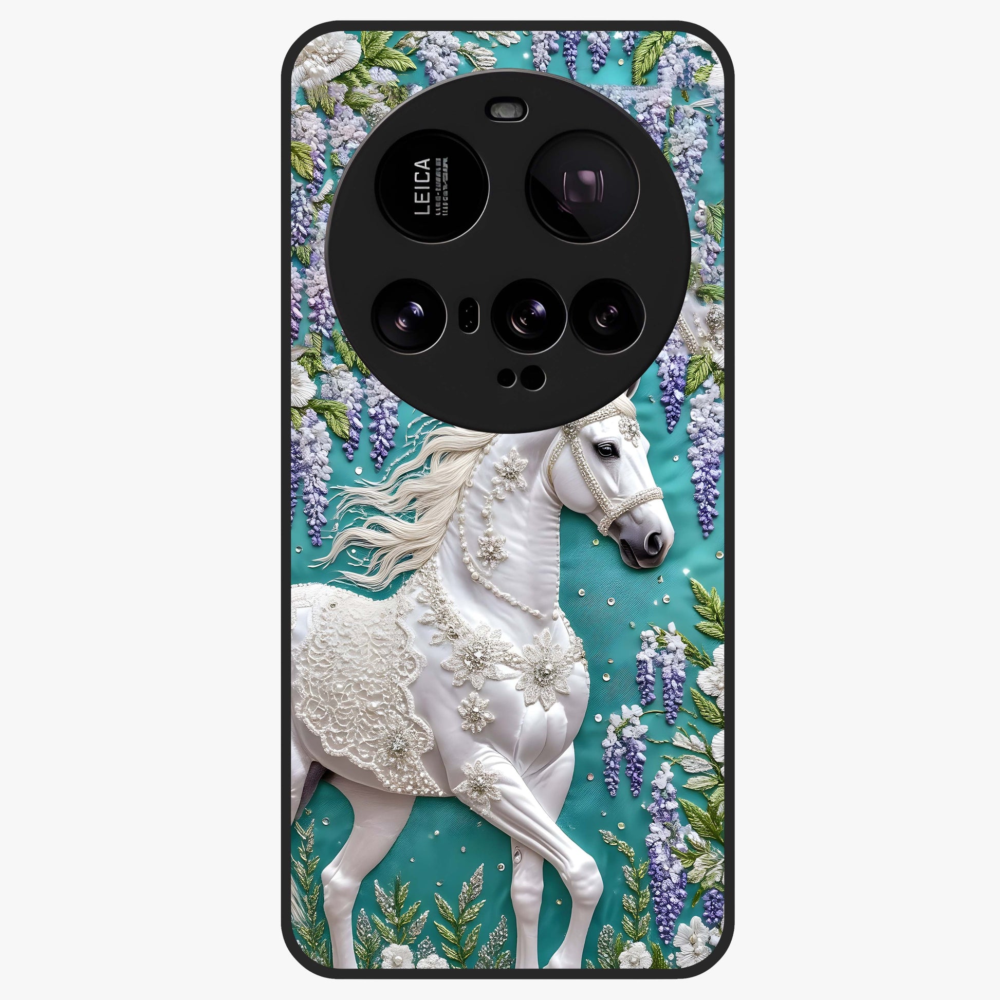 Majestic Floral Stallion Glass Case showing flat back view with powerful horse and floral artwork and glossy glass finish.