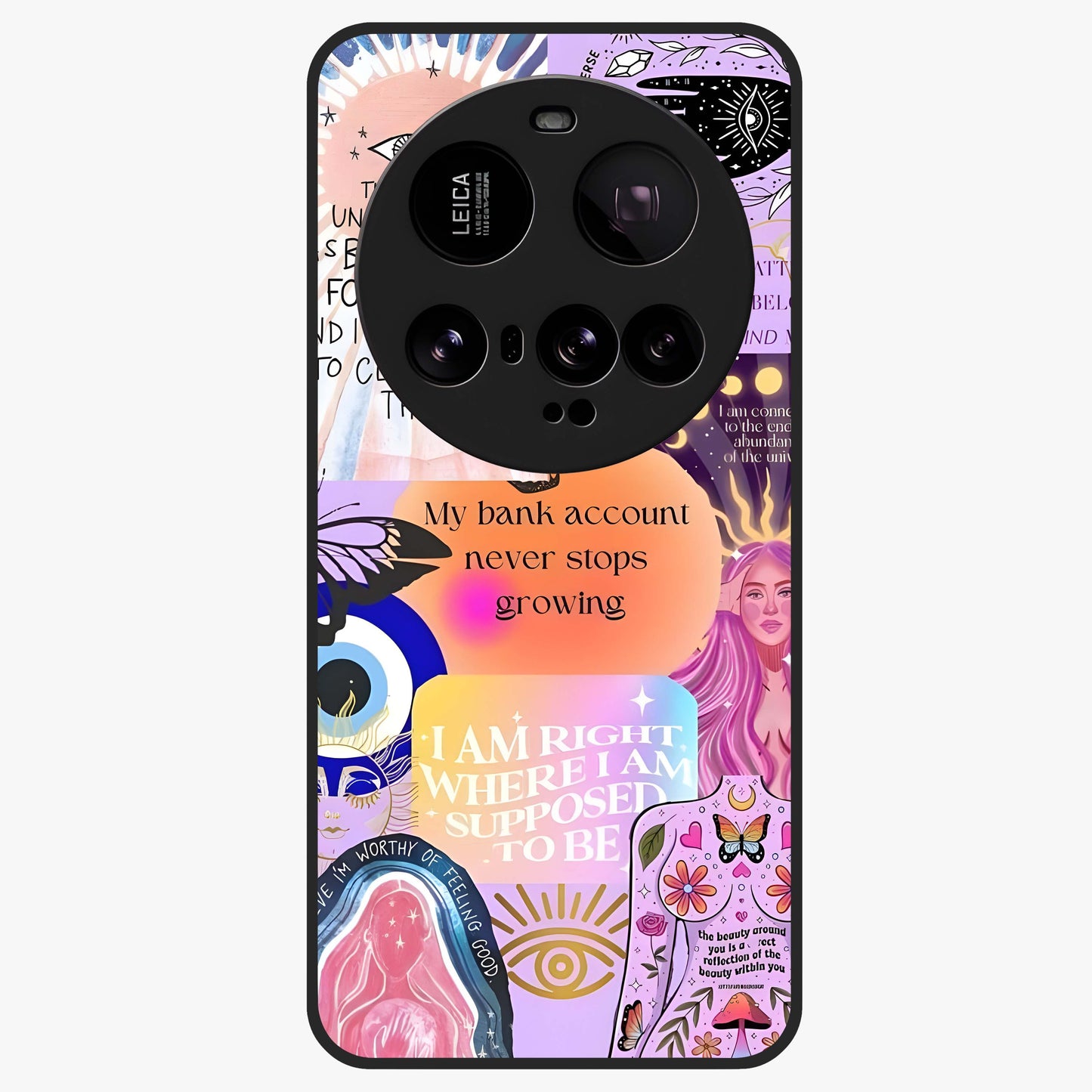 Manifestation Collage Glass Case showing flat back view with motivational collage artwork and glossy glass finish.