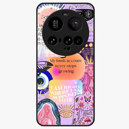Manifestation Collage Glass Case showing flat back view with motivational collage artwork and glossy glass finish.