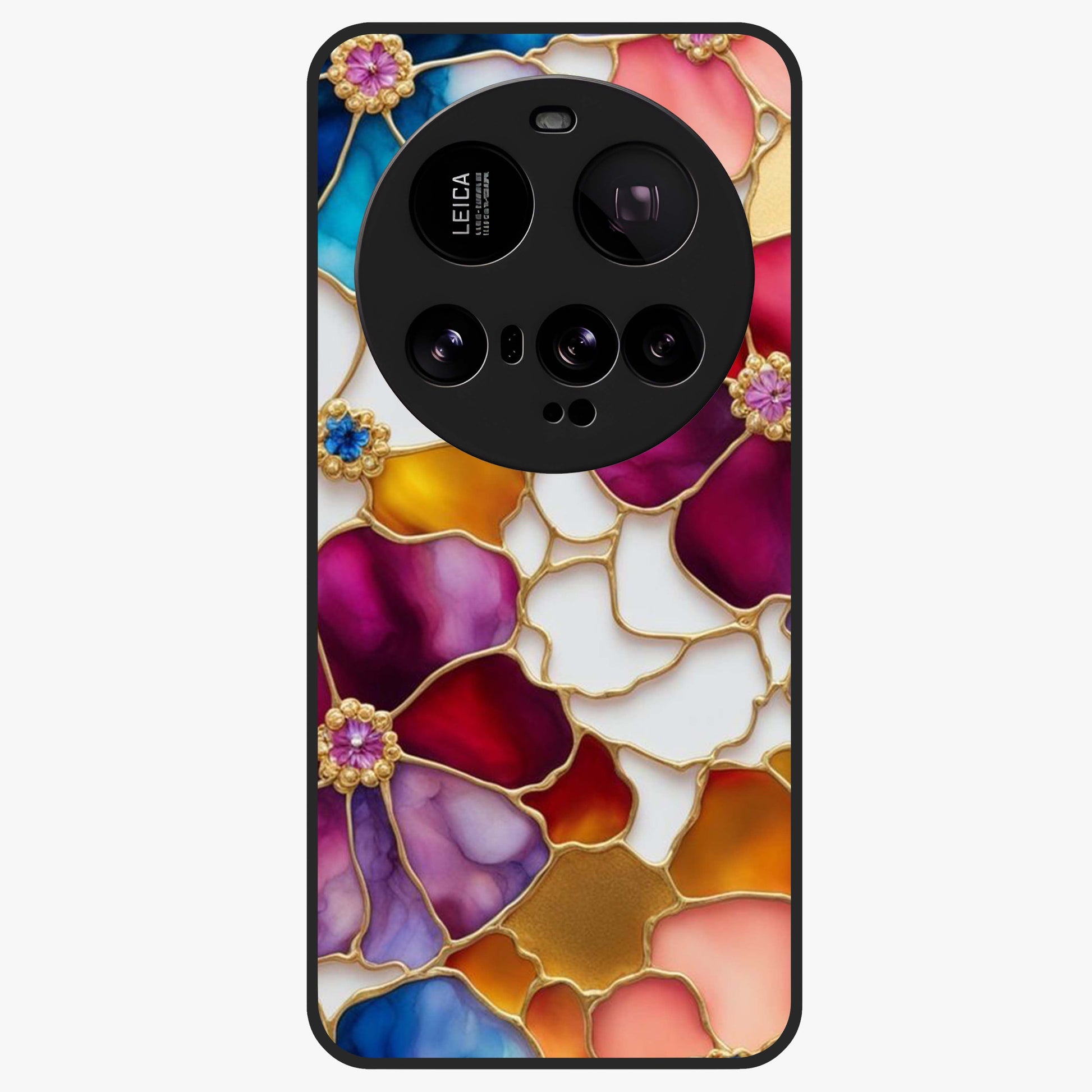 Marble Flower Pattern Glass Case showing flat back view with marble texture floral artwork and glossy glass finish.