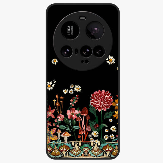 Midnight Bloom Pattern Glass Case showing flat back view with dark floral pattern artwork and glossy glass finish.