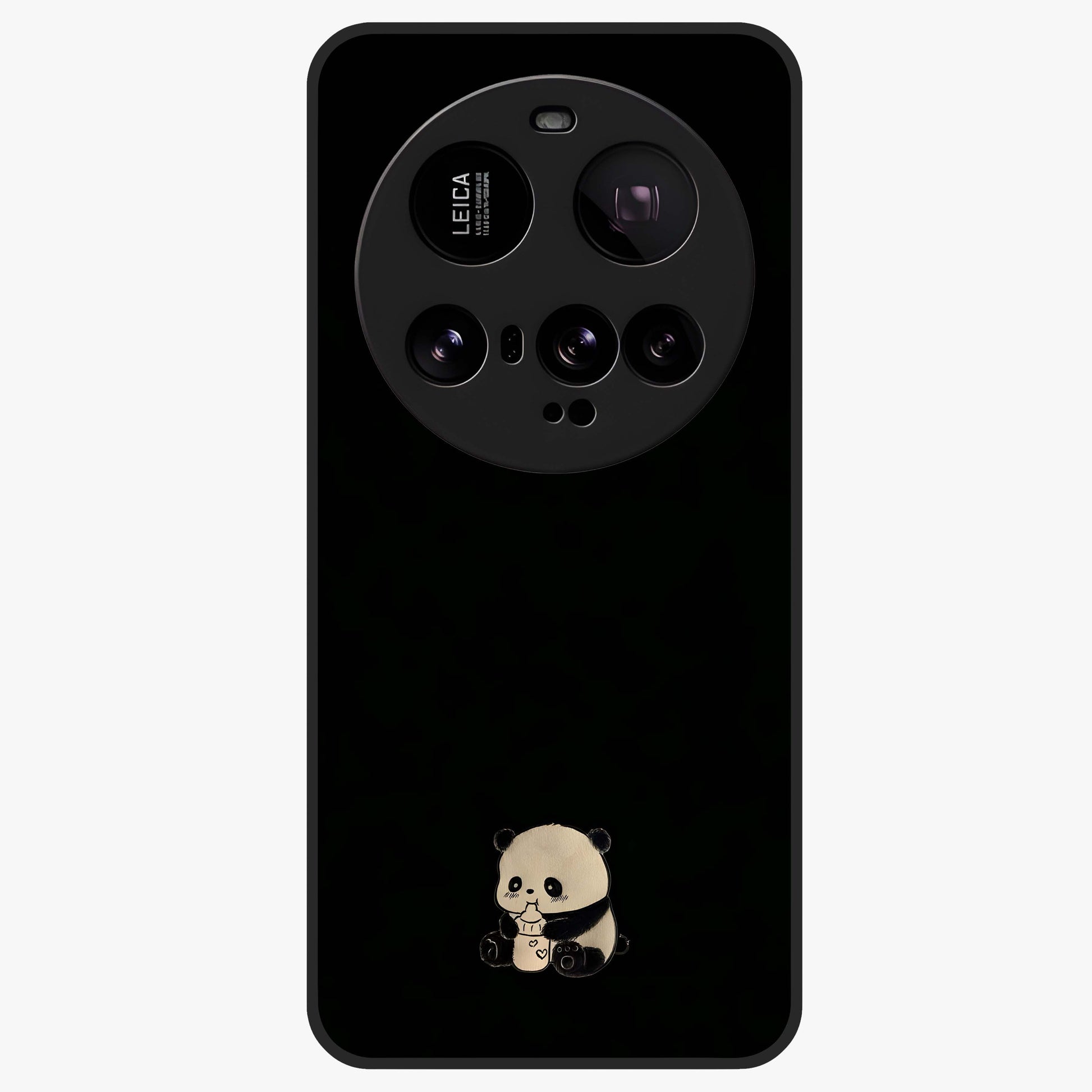 Midnight Panda Love Glass Case showing flat back view with cute panda themed artwork and glossy glass finish.