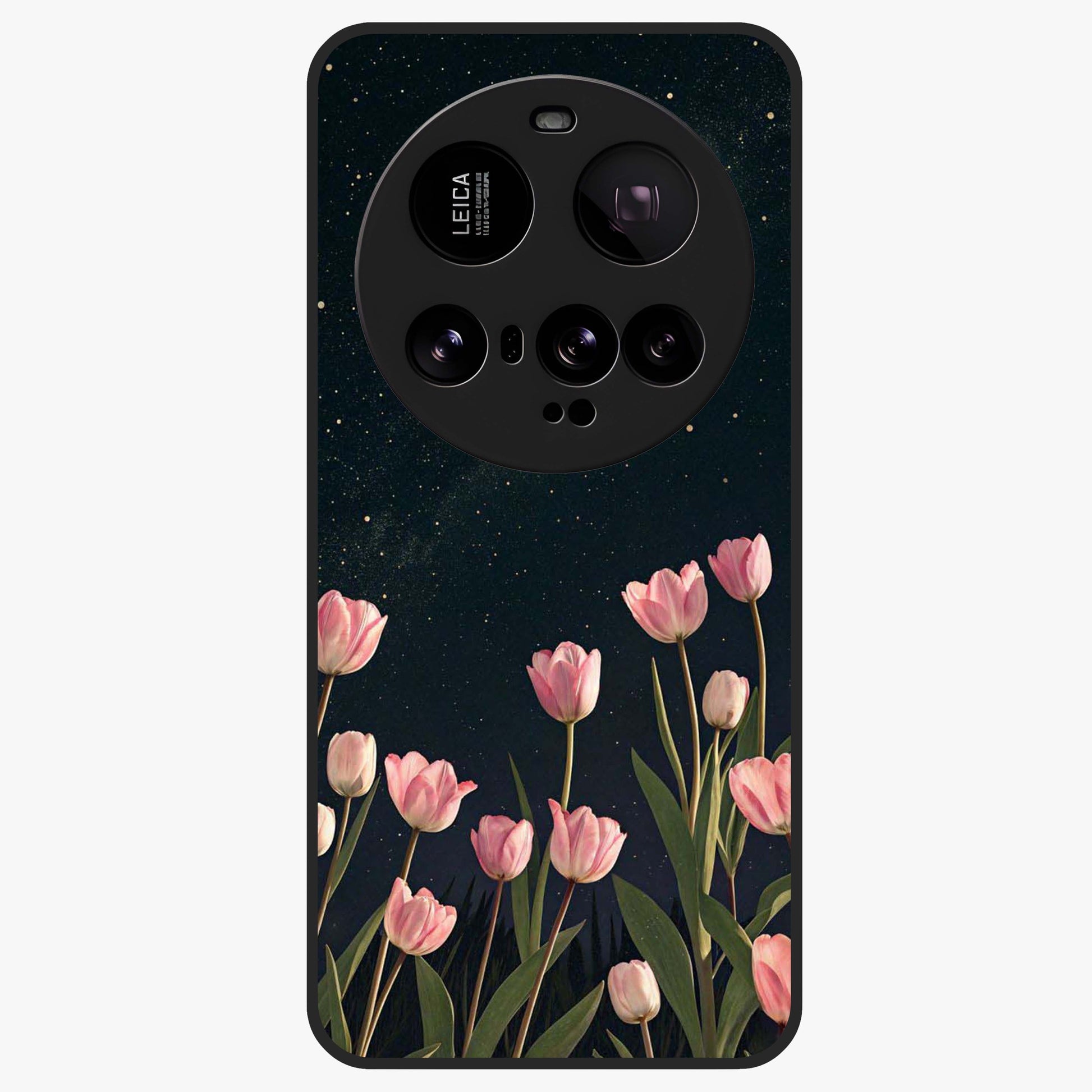 Midnight Tulip Whispers Vibe Glass Case showing flat back view with elegant tulip flower artwork and glossy glass finish.