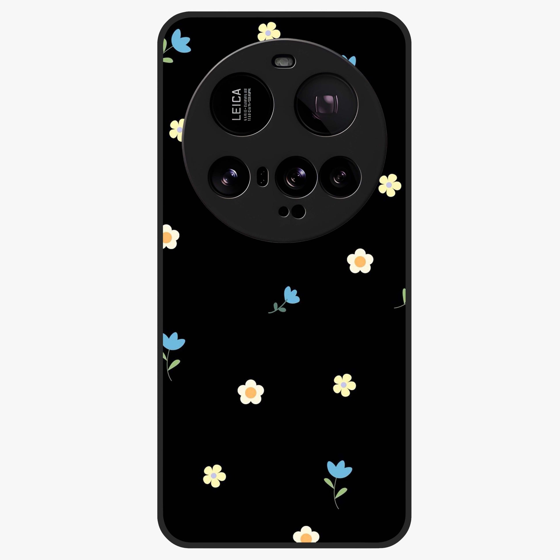 Minimalistic Blue With White Flower Pattern Glass Case showing flat back view with blue background and white flower pattern and glossy glass finish.