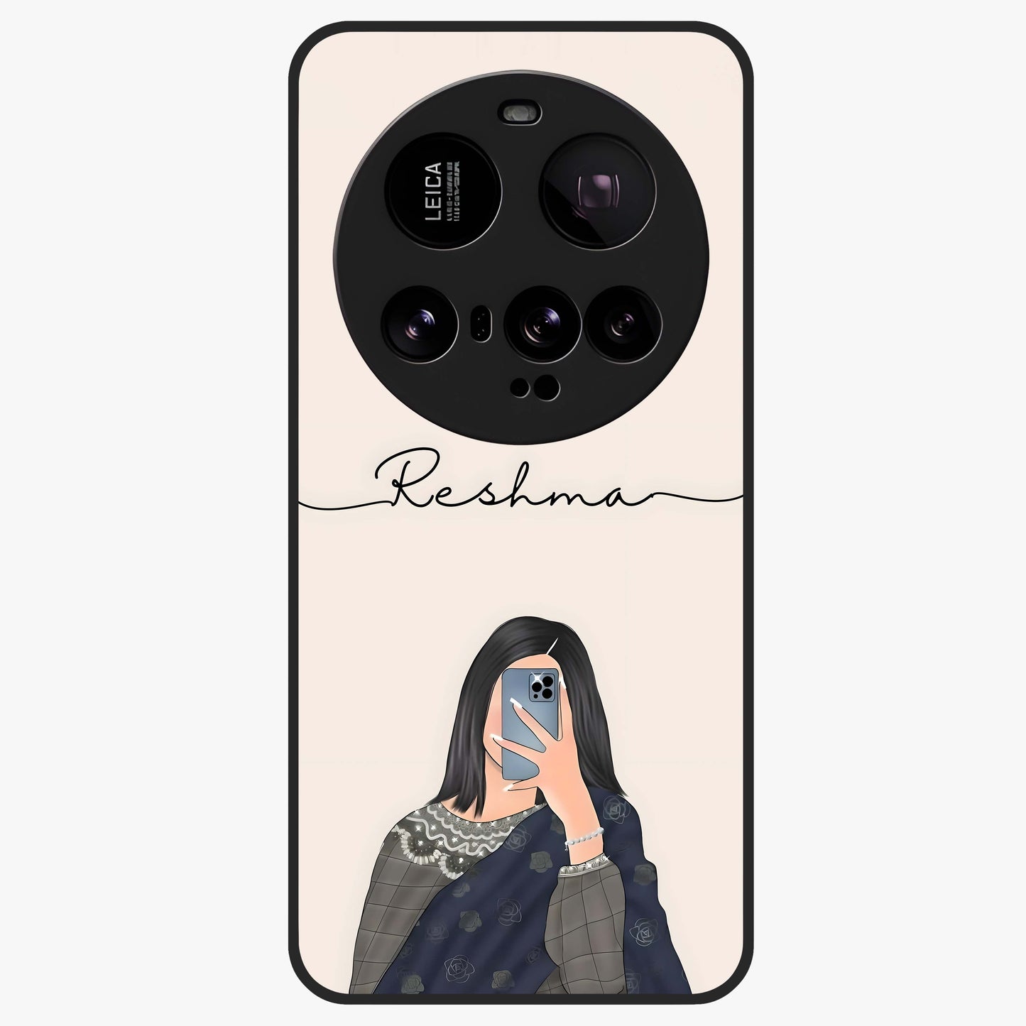 Mirror Mood Muse With Custom Name Glass Case showing flat back view with stylish mirrored artwork and personalized name design.
